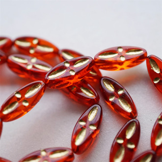 浅透宝石红描金色~十字纹椭圆梭形扁珠捷克珠玻璃珠琉璃珠 20X9MM
