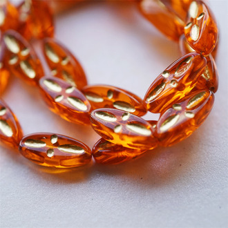 秋日果汁橘色系绝美描金~十字纹椭圆梭形扁珠捷克珠玻璃珠琉璃珠 20X9MM