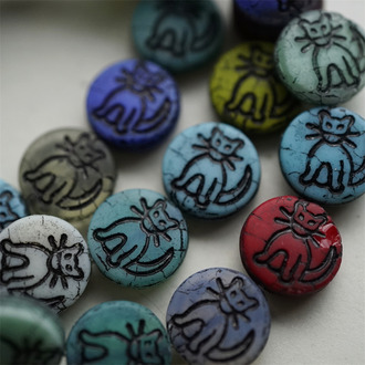 5枚入！mix彩色描黑款~扁圆小猫咪捷克珠玻璃琉璃珠串珠材料 14MM