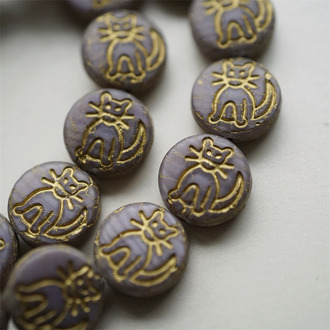 复古香芋紫色描金~扁圆小猫咪捷克珠玻璃琉璃珠串珠材料 14MM