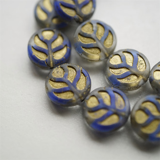 夹心透蓝mix渐变描金~质感树叶扁圆珠捷克珠玻璃琉璃珠 14MM