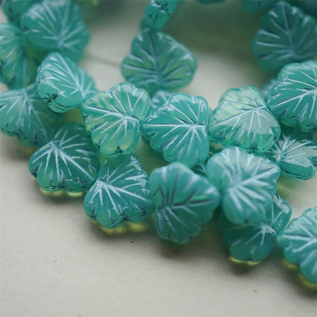 宝石感蛋白蓝绿mix色~树叶捷克珠玻璃琉璃珠 11X13MM-3