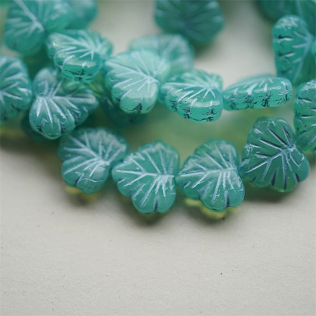 宝石感蛋白蓝绿mix色~树叶捷克珠玻璃琉璃珠 11X13MM-2