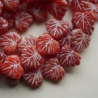 mix红渐变描白色圣诞风雪叶~树叶捷克珠玻璃琉璃珠 11X13MM