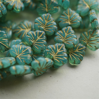 蛋白绿渐变描金色~树叶捷克珠玻璃琉璃珠 11X13MM