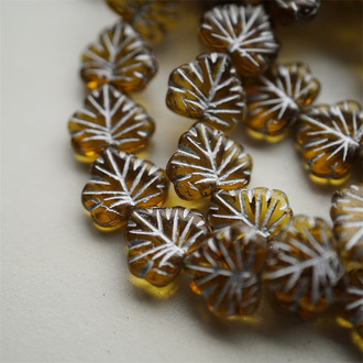 秋日琥珀黄描银色~树叶捷克珠玻璃琉璃珠 11X13MM