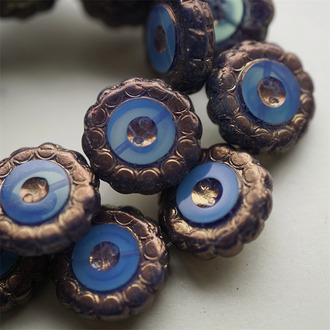 复古蛋白蓝紫光泽感~高定向日葵花花捷克珠玻璃琉璃珠 19MM