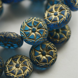 雾面海蓝宝渐变描金色~贝壳海洋生物扁圆捷克珠玻璃琉璃珠 19MM