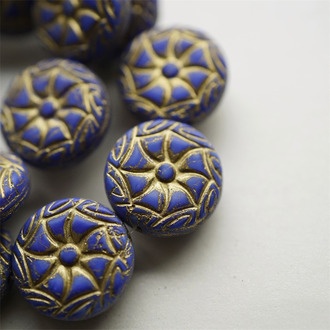 深蓝色渐变描金色~贝壳海洋生物扁圆捷克珠玻璃琉璃珠 19MM