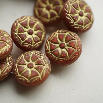 雾面红色描金~贝壳海洋生物扁圆捷克珠玻璃琉璃珠 19MM