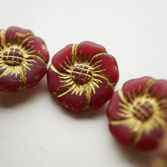深红色描金~捷克珠夸张大花朵玻璃琉璃珠 22MM