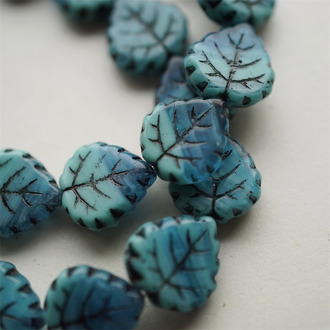 深蓝调渐变描黑色~树叶捷克琉璃玻璃 15X16MM