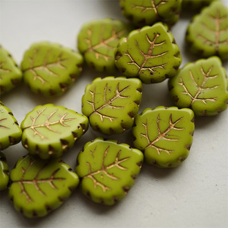 山葵绿描古铜金~树叶捷克琉璃玻璃 15X16MM