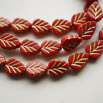 秋日红色描金~小树叶捷克珠琉璃玻璃珠 10X8MM