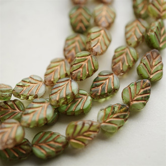 秋日古铜色渐变绿调mix~小树叶捷克珠琉璃玻璃珠 10X8MM