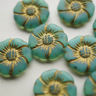 蛋白湖绿调描金色~捷克珠夸张大花朵玻璃琉璃珠 22MM