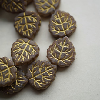 磨砂棕色渐变描金~高定树叶松叶造型捷克珠玻璃琉璃珠 17X16MM