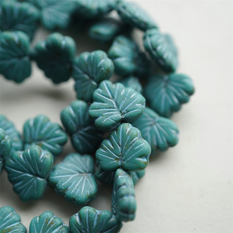复古雾面松石蓝绿~树叶捷克珠玻璃琉璃珠 11X13MM
