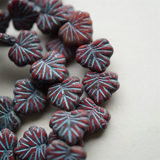 斑驳复古红色描蓝色~树叶捷克珠玻璃琉璃珠 11X13MM