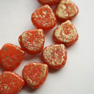 华丽圣诞红烫金色~树叶捷克琉璃玻璃 15X16MM