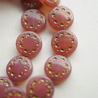 温柔蛋白粉描金~扁圆花边花纹捷克珠玻璃琉璃珠 14MM