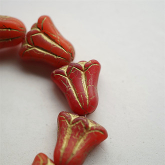 雾面红色描金~肉肉可爱百合花郁金香大号捷克珠玻璃琉璃珠 17MM