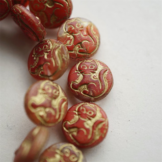 红色mix透明夹心描金色~扁圆小猫咪捷克珠玻璃琉璃珠串珠材料 14MM