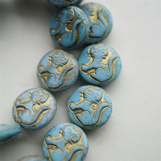 松石天蓝mix描金~扁圆小猫咪捷克珠玻璃琉璃珠串珠材料 14MM