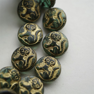 墨翠绿描金~扁圆小猫咪捷克珠玻璃琉璃珠串珠材料 14MM