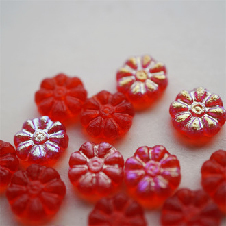 蚀刻宝石红幻彩色~太阳花扁圆珠捷克珠玻璃琉璃 12MM