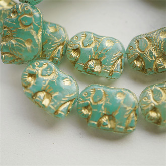 清新玉绿色渐变描金色~ 大象可爱吉象佛牌新中式风捷克珠玻璃琉璃珠 19X14MM