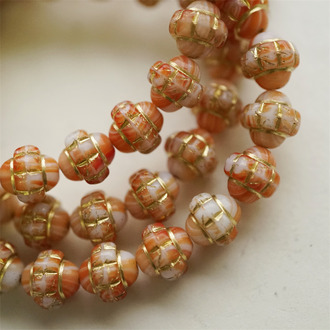 橘色条纹白描金色~陀螺UFO土星捷克珠玻璃琉璃珠 10X10MM