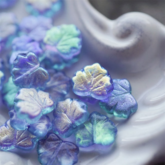 幻彩蓝紫色蚀刻~树叶捷克珠玻璃琉璃珠 11X13MM