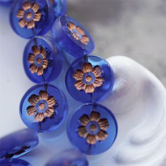 孔雀蓝描玫瑰金色~刻印花朵少女复古扁圆捷克珠玻璃琉璃珠 16MM