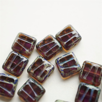 复古透葡萄紫做旧色~条纹方形古董系捷克珠玻璃琉璃 10MM
