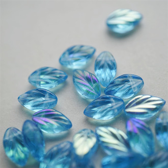 透明蓝色亮面AB彩~树叶侧孔捷克珠玻璃琉璃 11X7MM