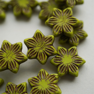 芥末绿复古色~六芒星别致款多角形捷克珠玻璃琉璃珠 16MM