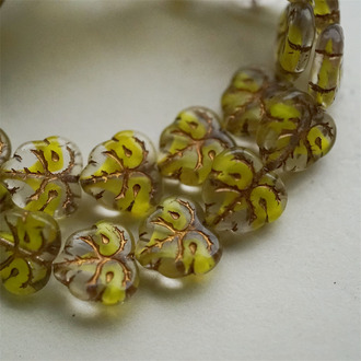 亮面透明夹心黄做旧古铜金~棕榈叶树叶捷克珠玻璃琉璃珠 13X12MM