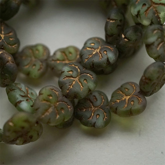 雾面mix透绿条纹混合古铜金~棕榈叶树叶捷克珠玻璃琉璃珠 13X12MM