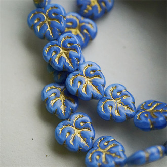 亮面丝绸蓝色描金~棕榈叶树叶捷克珠玻璃琉璃珠 13X12MM