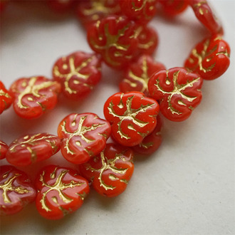 圣诞红描金色~棕榈叶树叶捷克珠玻璃琉璃珠 13X12MM