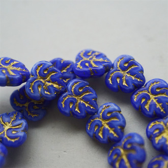 亮面晕染蓝渐变描金色~棕榈叶树叶捷克珠玻璃琉璃珠 13X12MM