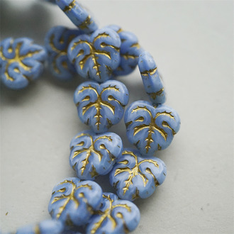 奶乖婴儿baby蓝描金色~棕榈叶树叶捷克珠玻璃琉璃珠 13X12MM