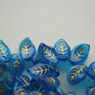 海蓝色渐变描金色~翘边树叶侧孔捷克珠玻璃琉璃 14X9MM