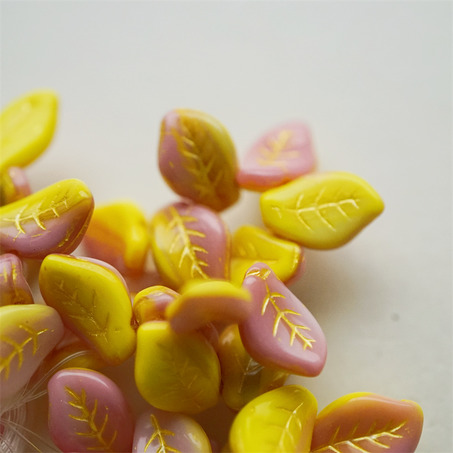 粉色拼柠檬黄mix~翘边树叶侧孔捷克珠玻璃琉璃 14X9MM-1