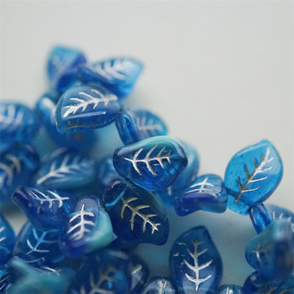 海蓝渐变描银色~翘边树叶侧孔捷克珠玻璃琉璃 14X9MM