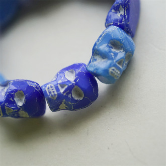 蓝色调描白色mix~暗黑骷髅头立体珠捷克珠玻璃琉璃珠 18X15MM
