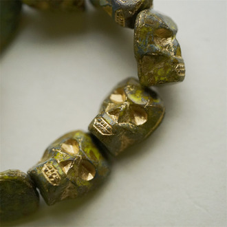 复古斑驳黄绿色描金色~暗黑骷髅头立体珠捷克珠玻璃琉璃珠 18X15MM