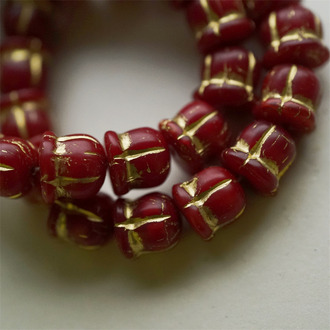 深红描金色~可爱铃兰花立体捷克珠玻璃琉璃珠 11MM