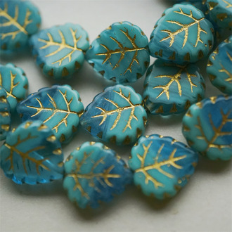 海盐渐变蓝绿描金色~树叶捷克琉璃玻璃 15X16MM
